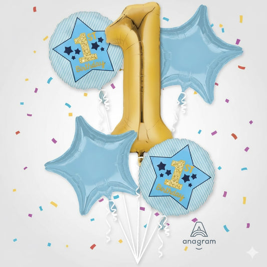 Boy's 1st Birthday Blue and Gold Balloon Bouquet.