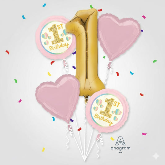 Girls 1st Birthday Party 5 Piece Balloon Bouquet.