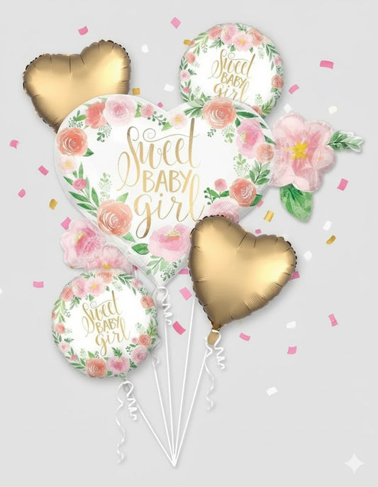 Floral Pink & Gold Baby Girl 5 Piece Balloon Bouquet.